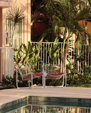 Outdoor pool, pool umbrellas, pool loungers