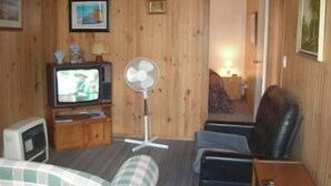 Una stanza con pareti in legno, una televisione, un ventilatore, un divano e una poltrona.