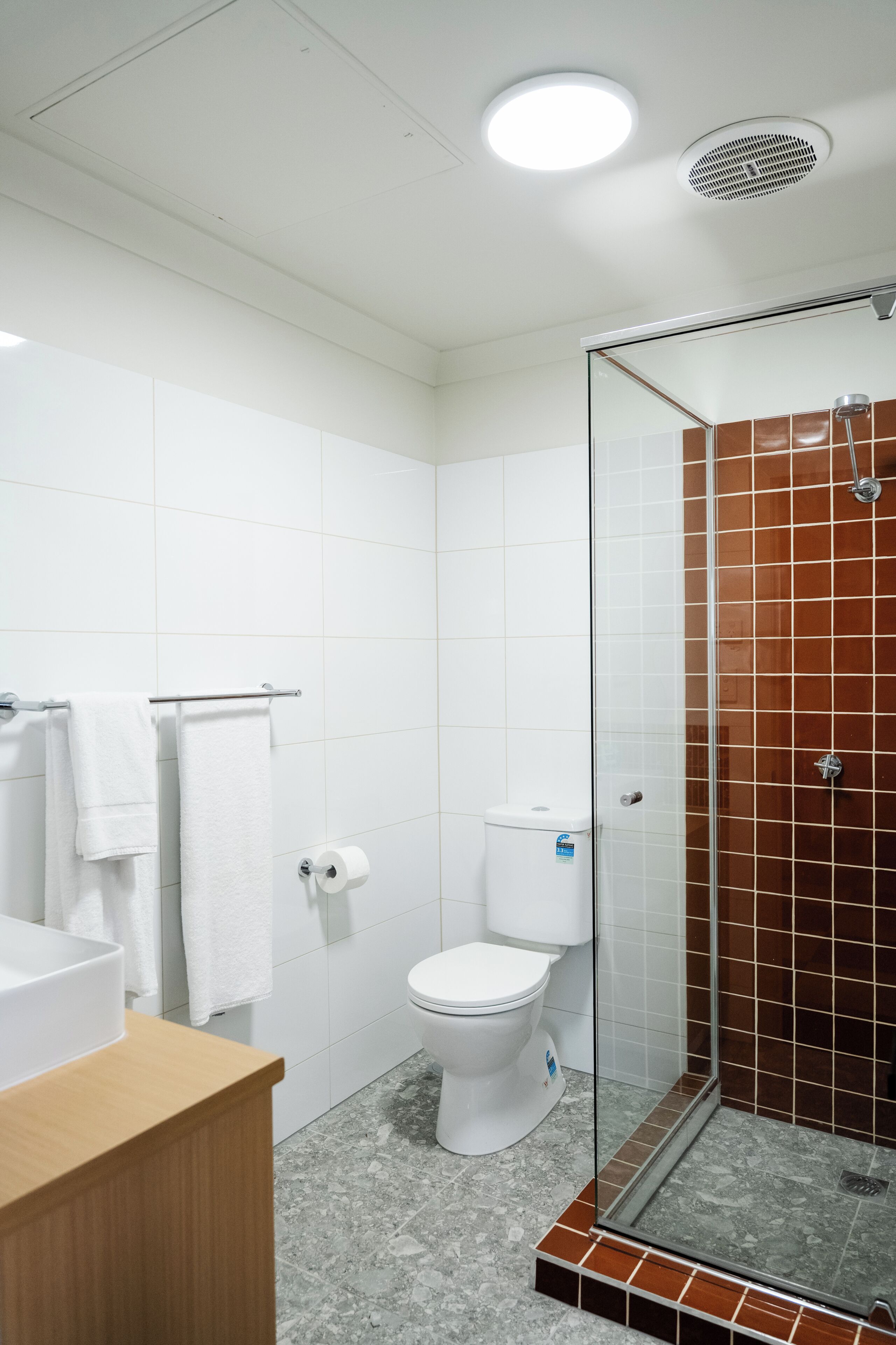 A bathroom with a toilet, a sink, a glass shower enclosure, and a towel rack.