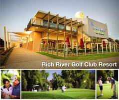El exterior del Rich River Golf Club Resort, con un diseño moderno, presenta un edificio grande con un letrero destacado, mesas al aire libre y un campo de golf bien cuidado.