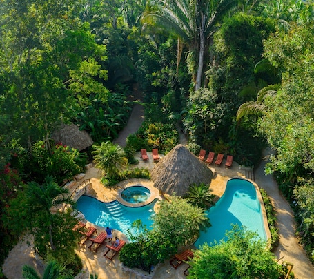 Una piscina al aire libre, sillones reclinables de piscina