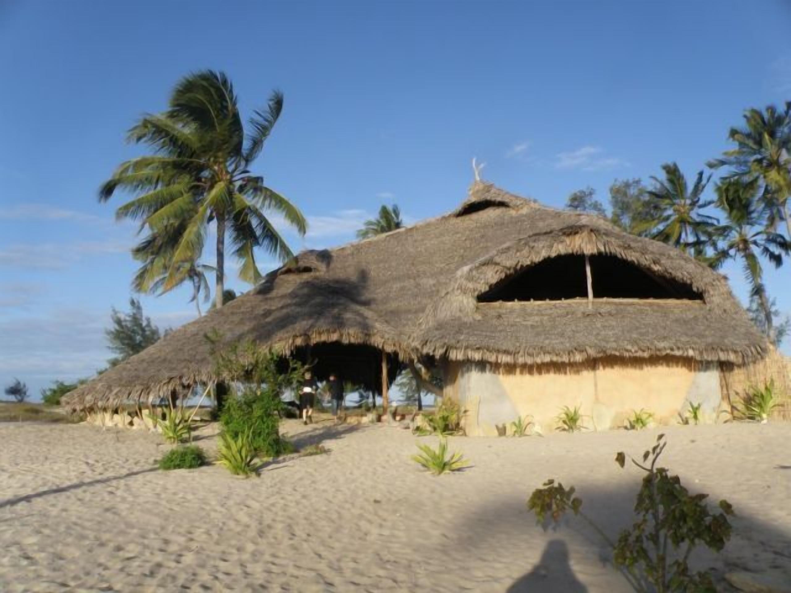 Una cabaña con techo de paja, una playa arenosa y palmeras al fondo.