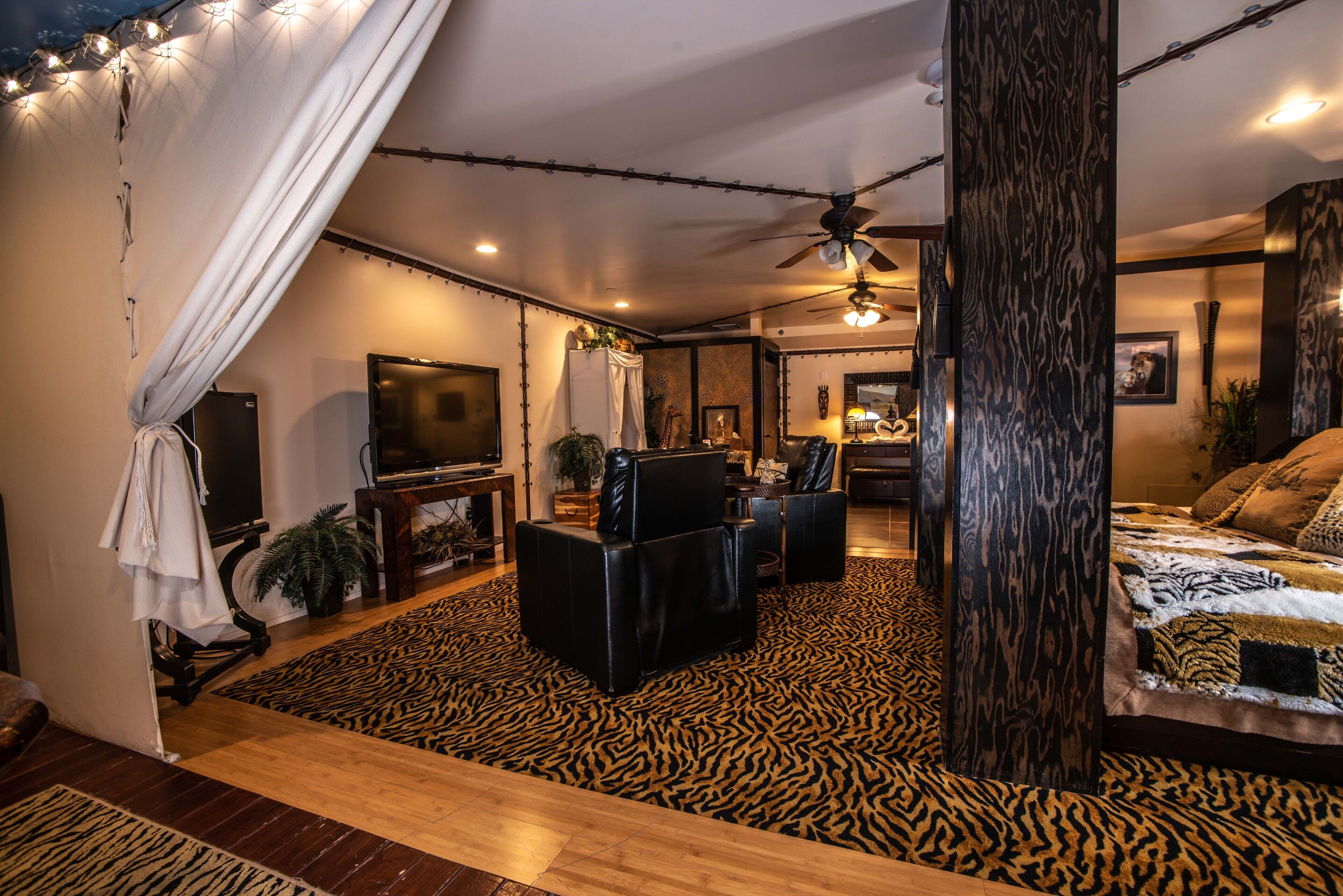A room with a bed, a TV, a sofa, and a ceiling fan.