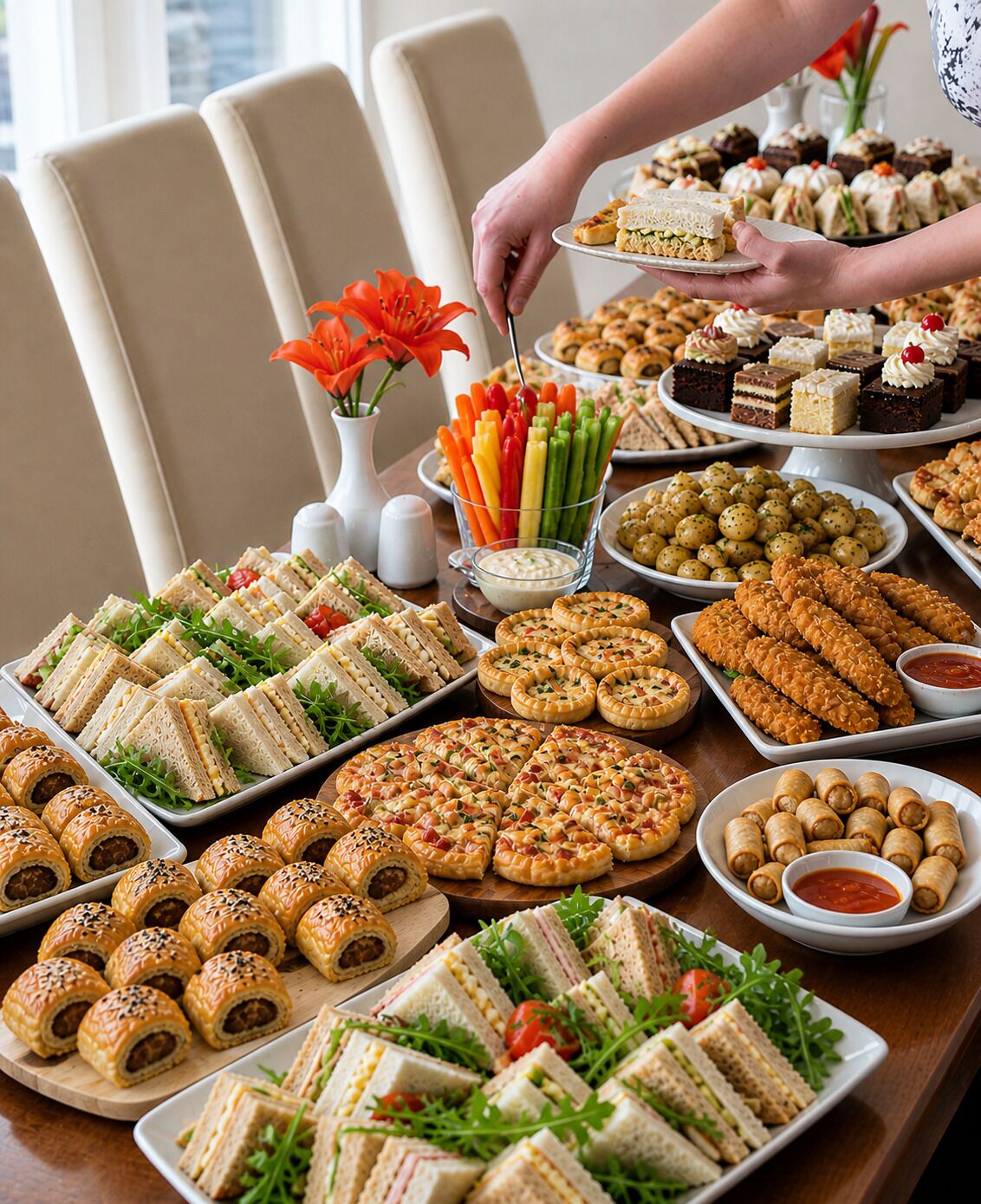 Ein reichhaltiges Buffet mit verschiedenen Speisen, darunter Sandwiches, Gebäck und einer Salatbar.