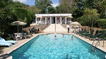 Indoor pool, outdoor pool, pool loungers