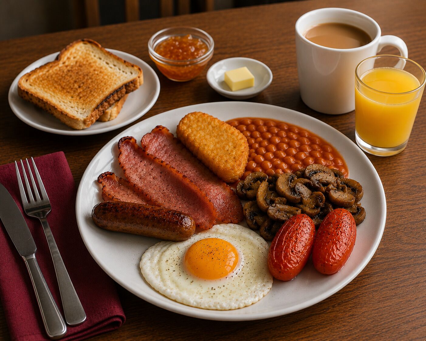 A breakfast plate with eggs, bacon, mushrooms, sausages, baked beans, and toast.