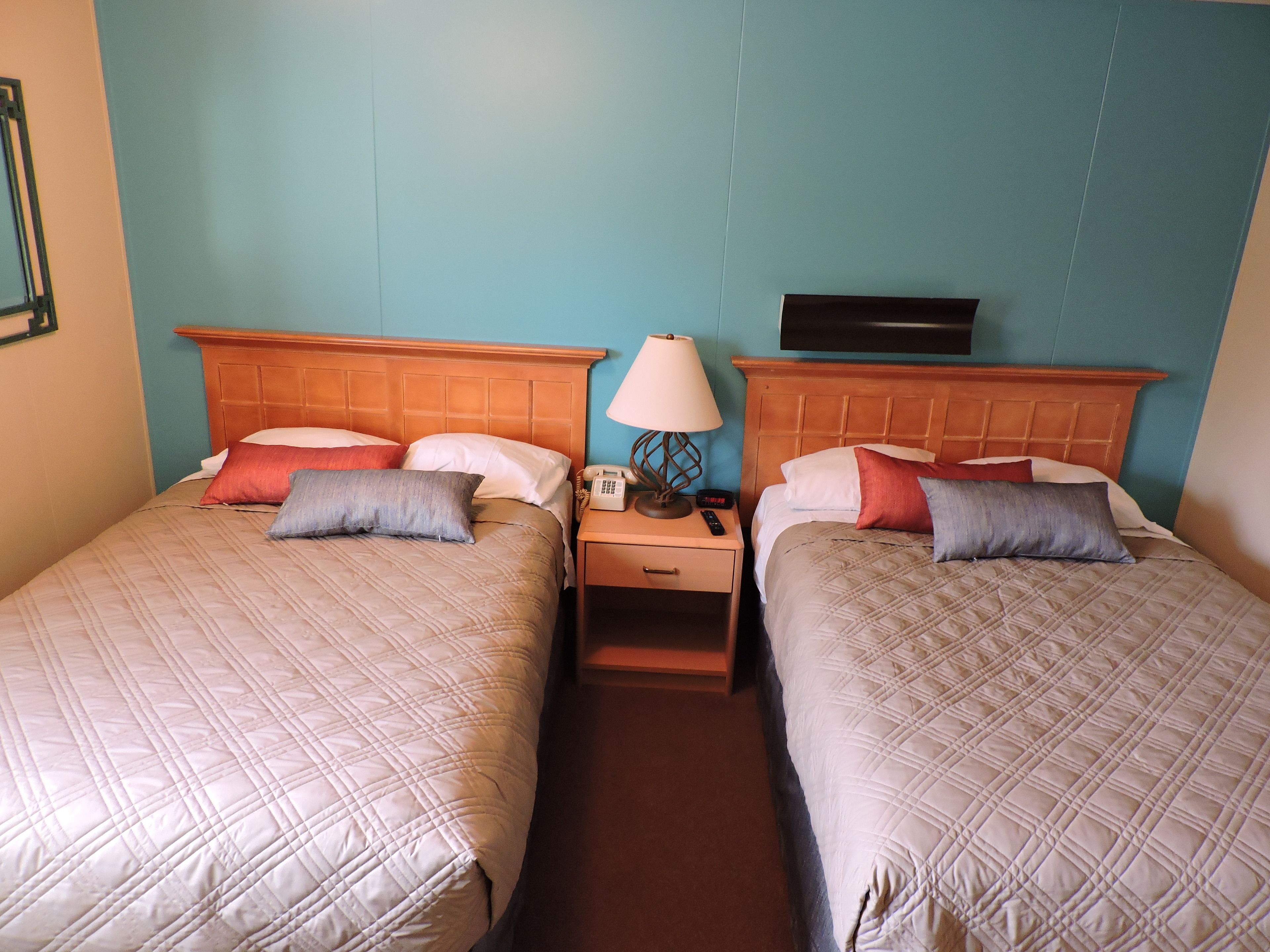 Two single beds with wooden headboards, a bedside table with a lamp, and a wall-mounted telephone.