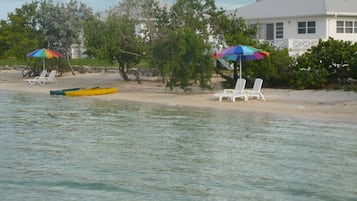 Ein Strand mit weißen Liegestühlen und bunten Sonnenschirmen, ein gelbes Boot und ein weißes Gebäude im Hintergrund.