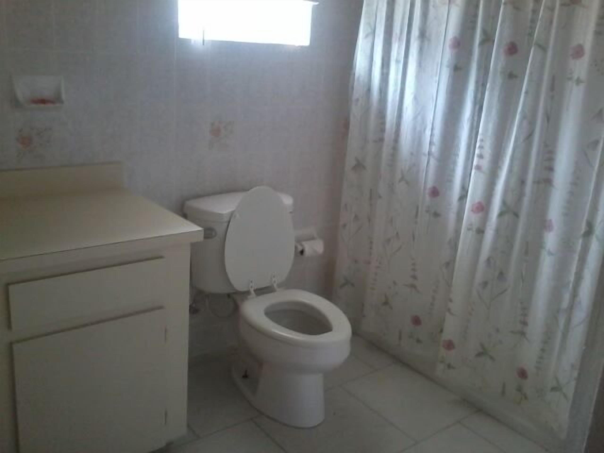 Een badkamer met toilet, wastafel en douchegordijn.