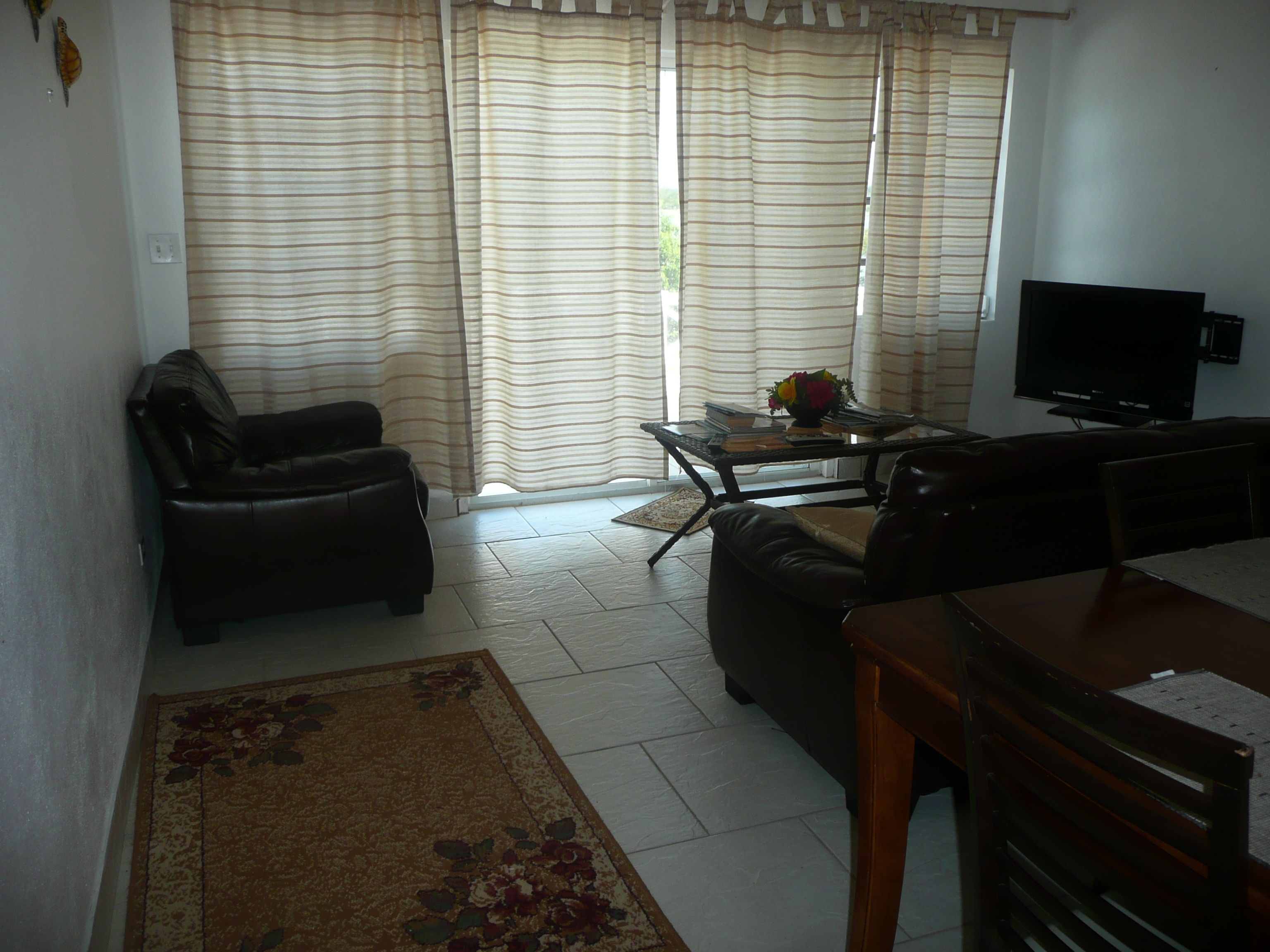 A living room with a sofa, a coffee table, a TV, and a rug.