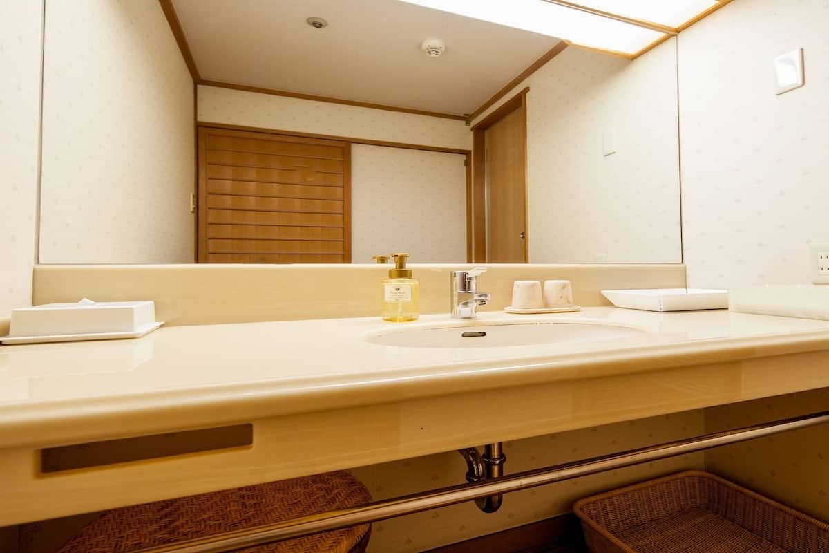 A hotel bathroom with a sink, mirror, and toiletries.