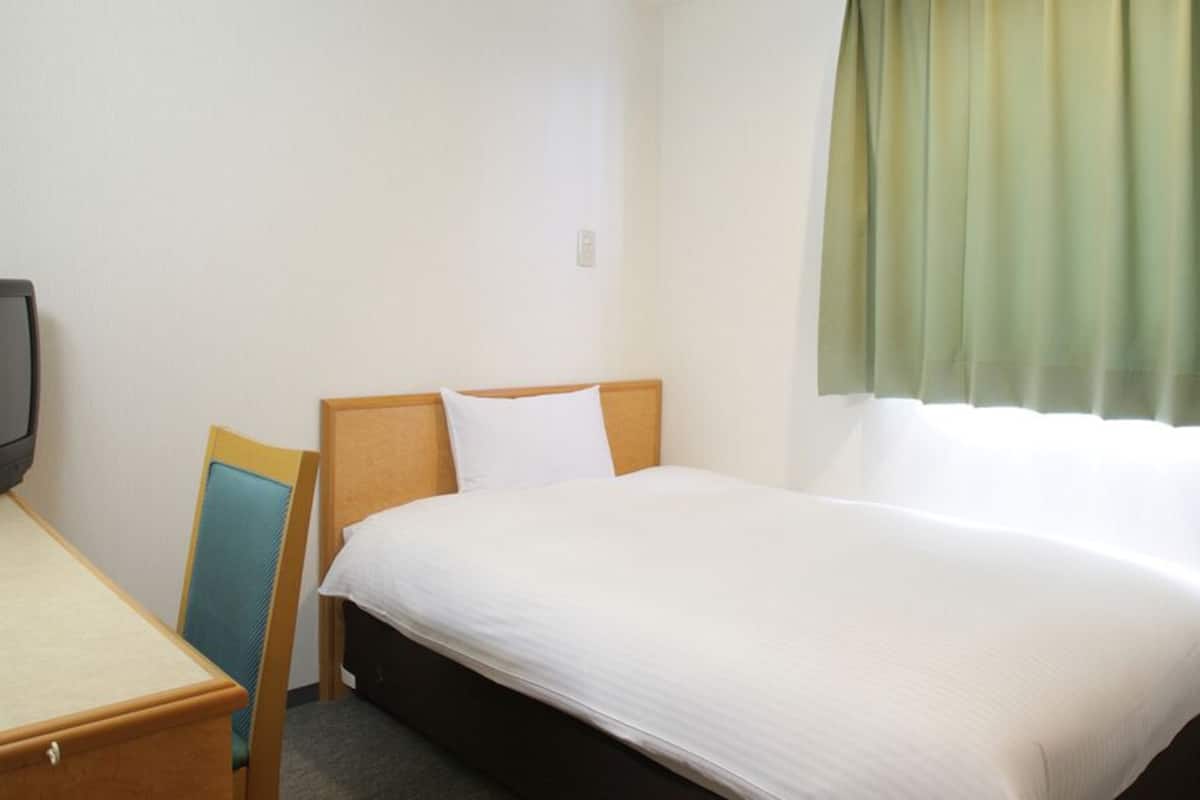 A hotel room with a bed, a desk, a chair, and a television.