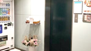 A vending machine, a flower arrangement, and an elevator. - Hotel Green Palace (Sendai)