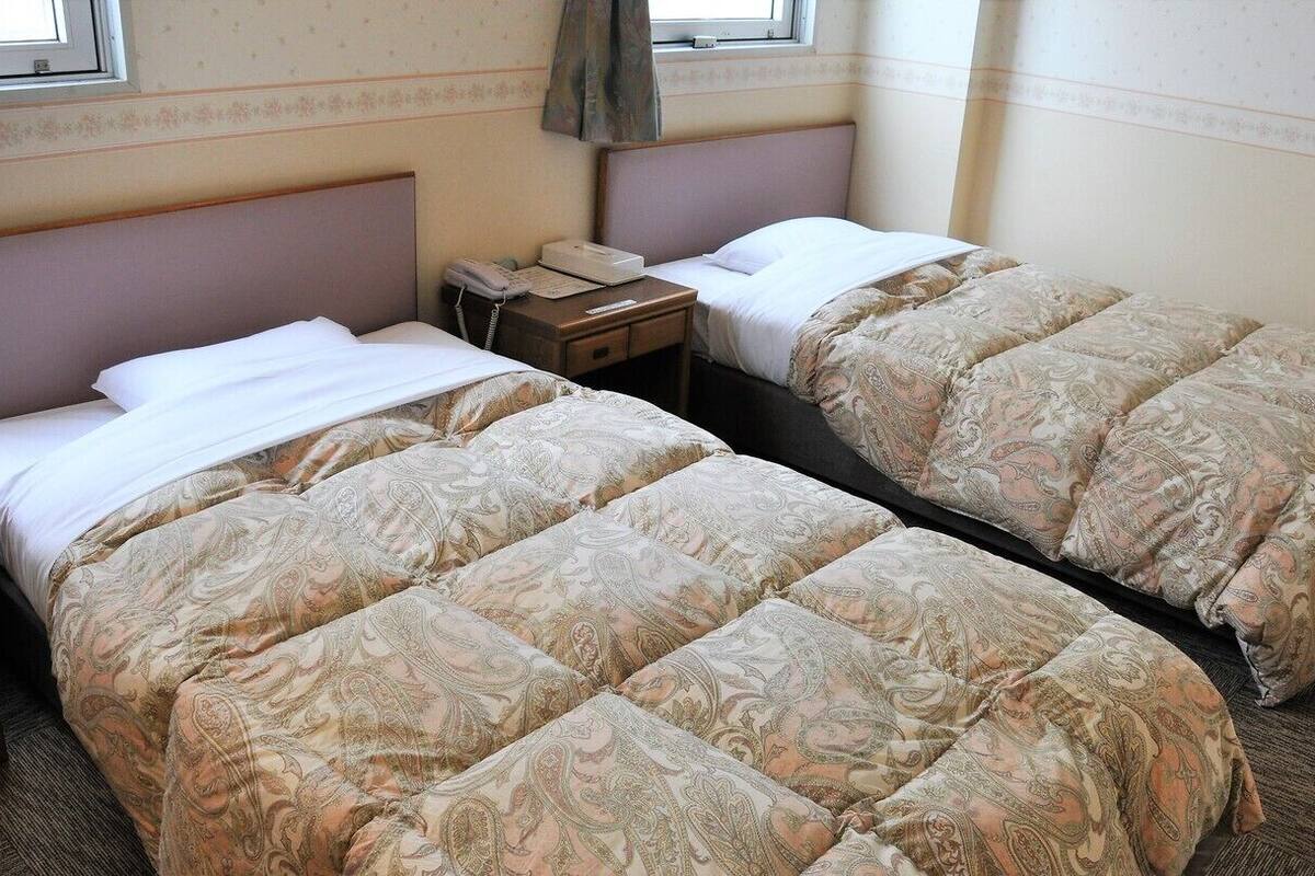 Dos camas individuales con ropa de cama estampada, una mesita de noche con teléfono y una ventana con cortina.