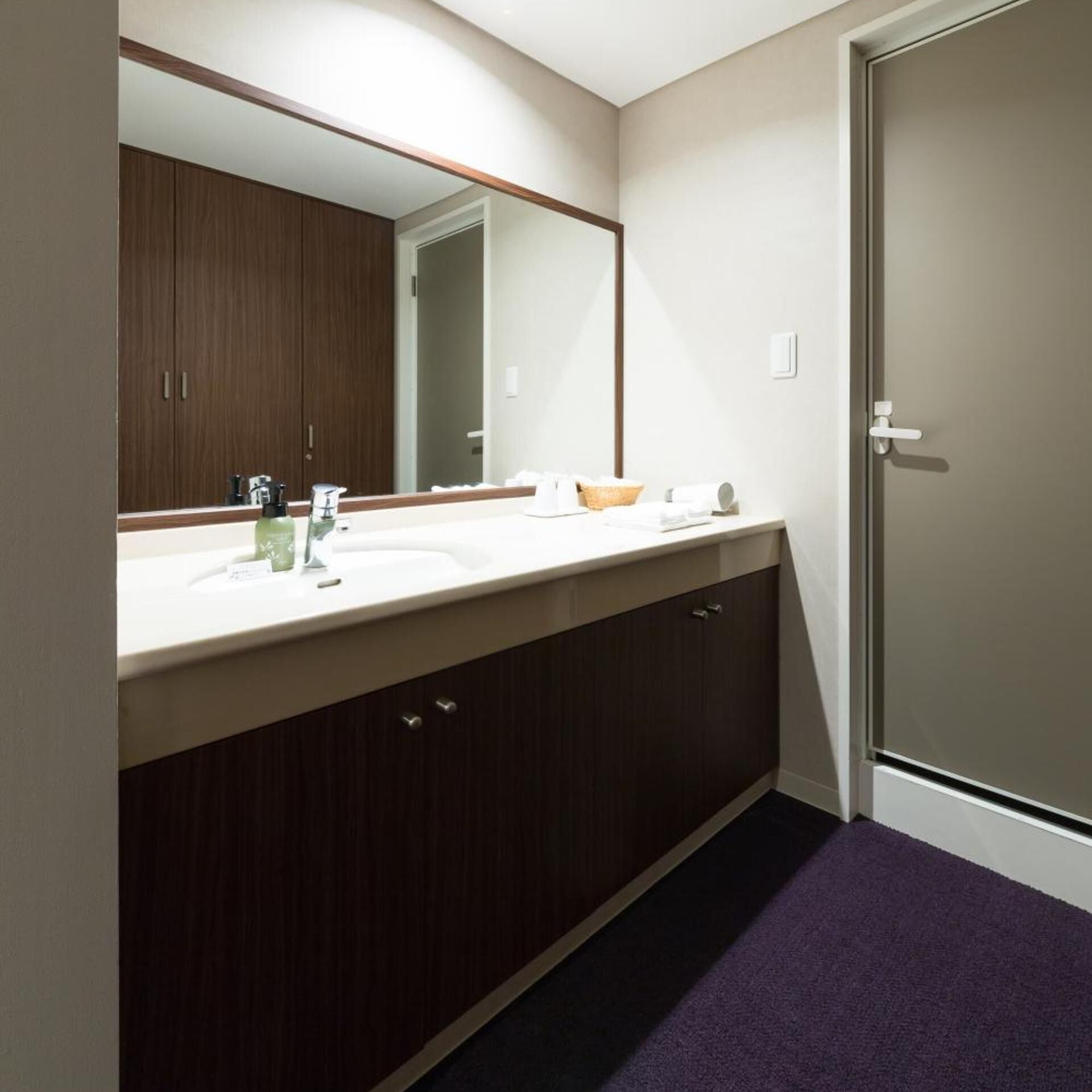 A bathroom with a double sink, a large mirror, wooden cabinets, and a door.