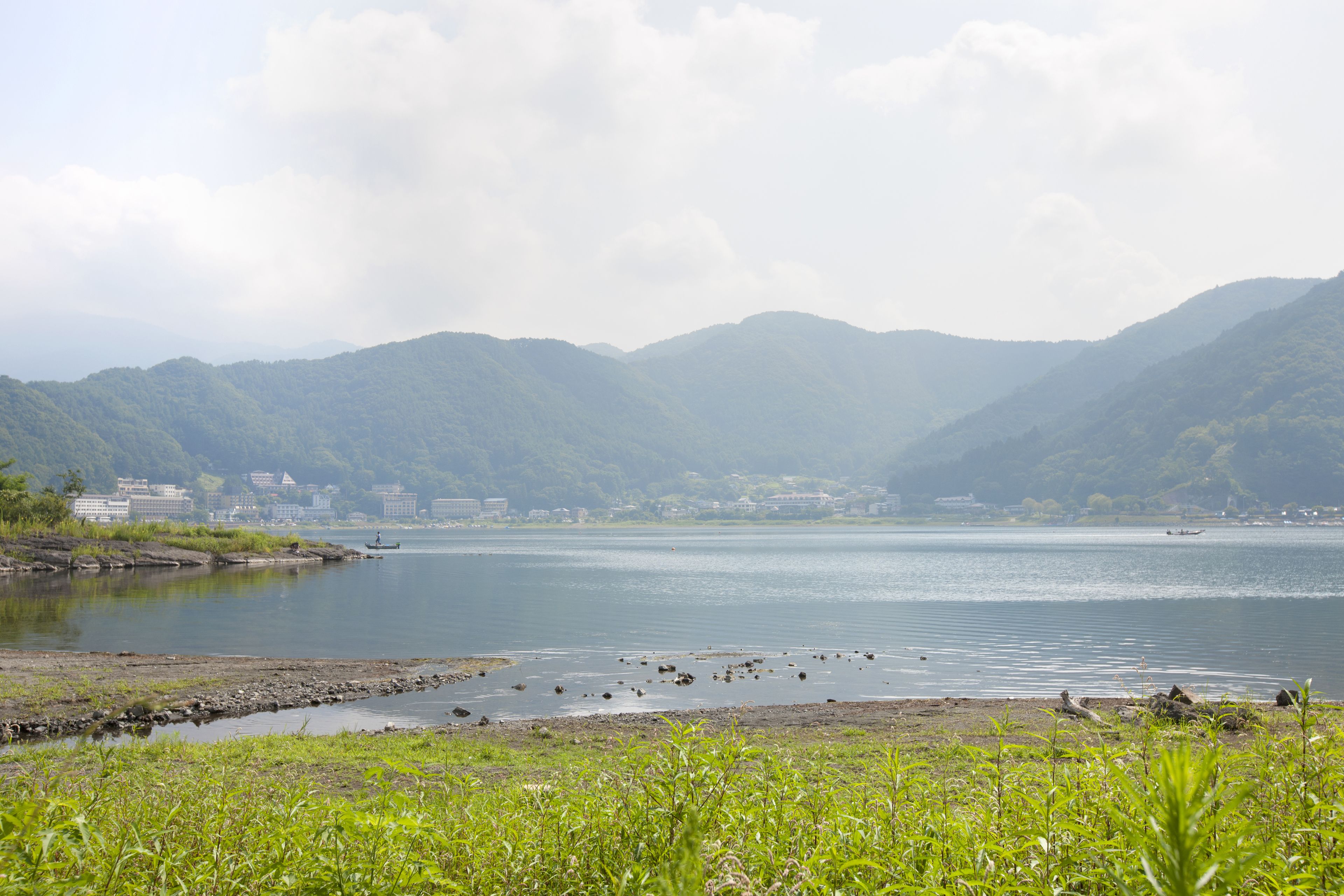 Vista de un lago con montañas al fondo y una orilla con vegetación.