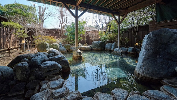 Ein ruhiger Poolbereich im Freien mit einer hölzernen Pergola darüber, umgeben von großen Steinen und Bäumen.