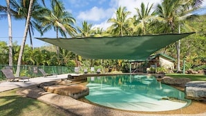 Una piscina con zona sombreada, rodeada de palmeras y sillas de descanso.