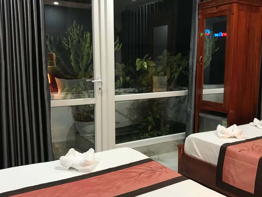 Ett hotellrum med två sängar, en skjutdörr i glas som leder ut till en balkong med växter och ett träskåp.