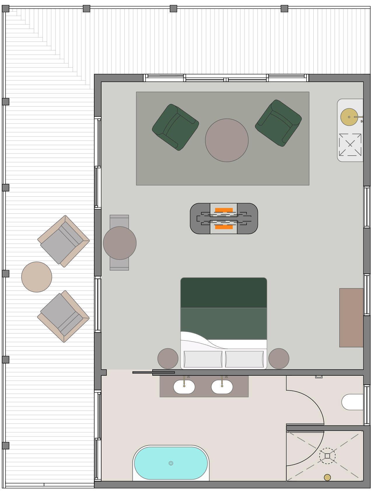A floor plan of a hotel room with a bed, two seating areas, a small table, a sofa, a bathtub, and a toilet.