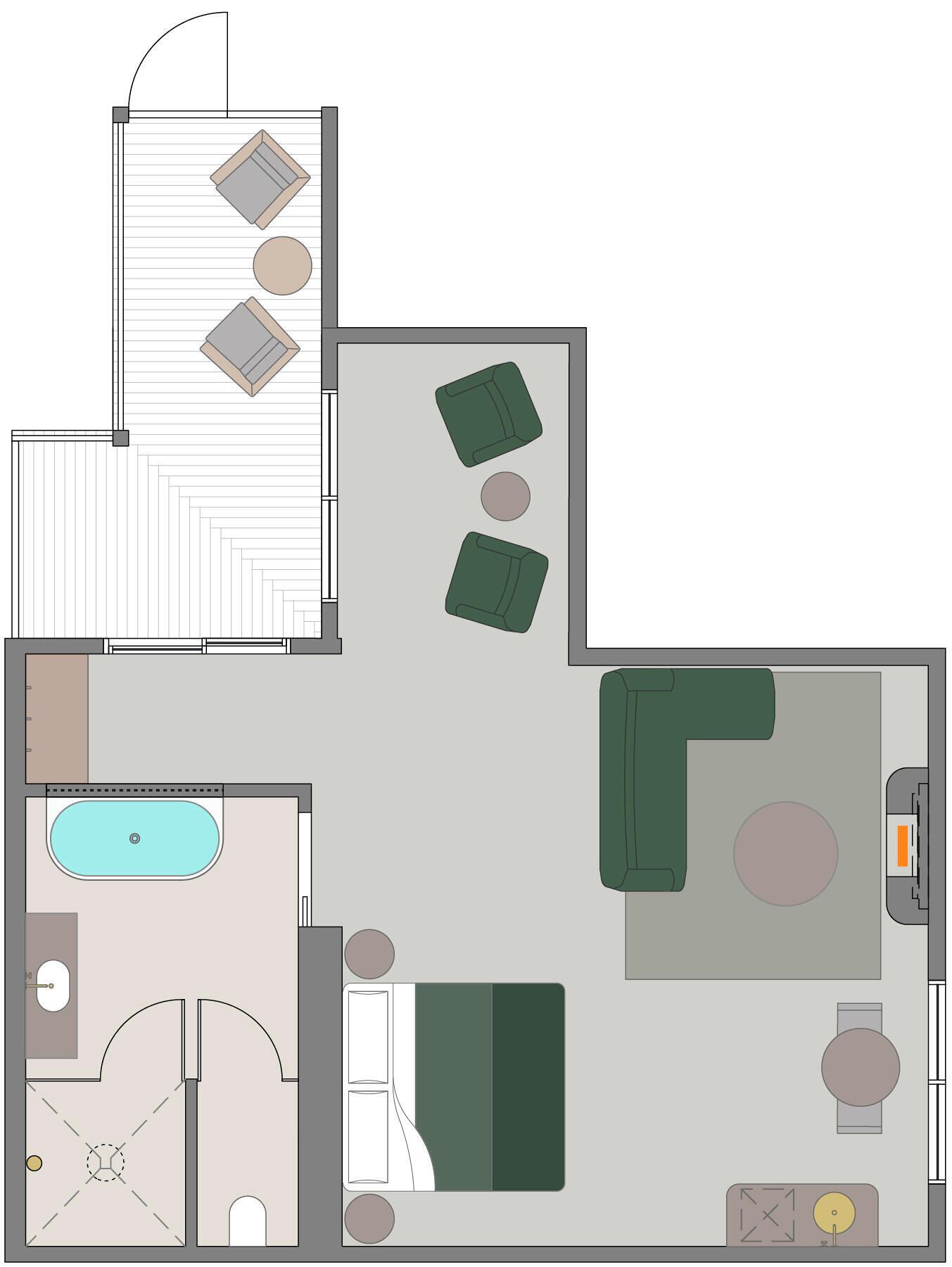 Une chambre d’hôtel comprenant un espace de vie, une chambre séparée, une salle de bain et un petit balcon.