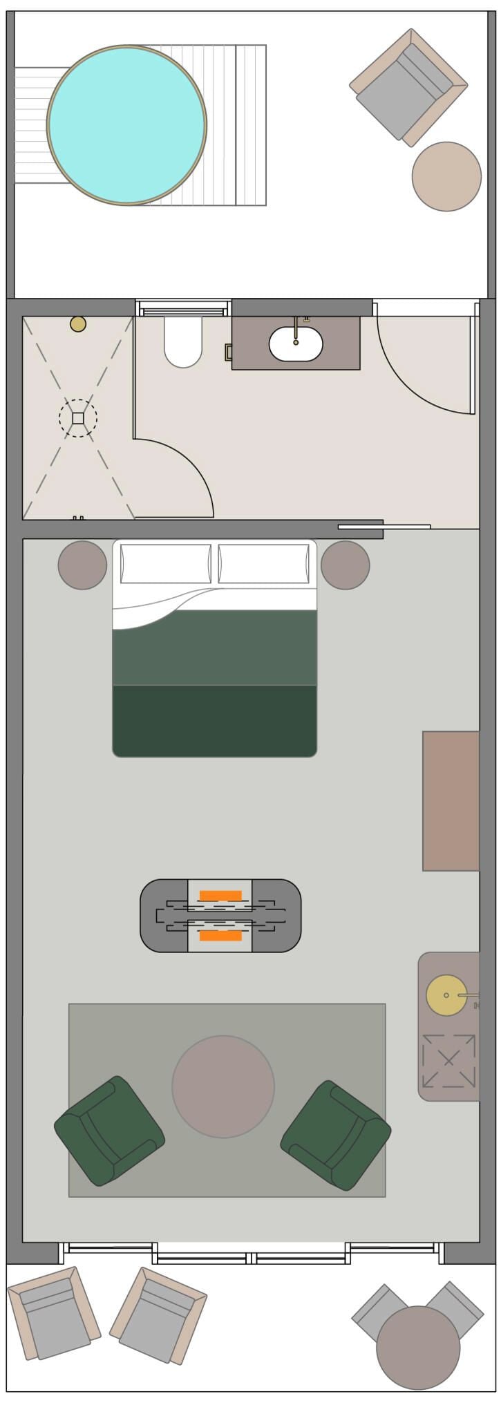 A hotel room layout with a bed, a desk, a bathroom, and a seating area.