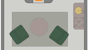 A hotel room layout with a bed, a desk, a bathroom, and a seating area.