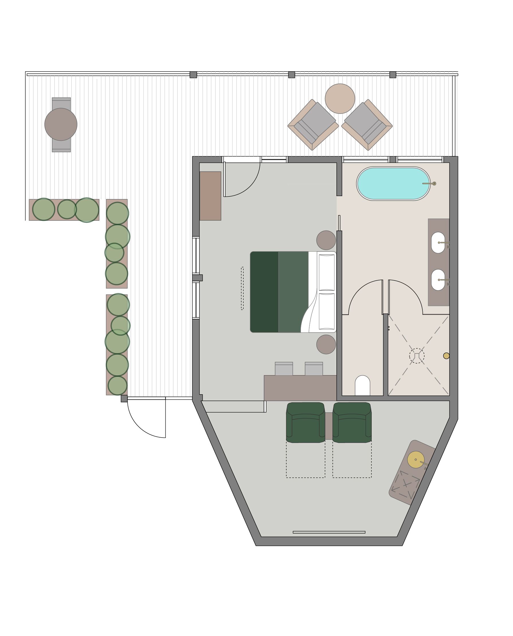 Plano de un cuarto de hotel con cama, escritorio, silla, mesita, sofá, piscina y baño.