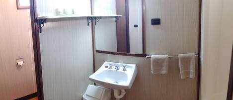 A bathroom with a sink, mirror, towel rack, and toilet.