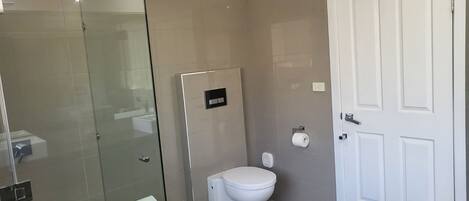 A bathroom with a glass shower enclosure, a toilet, and a white door.