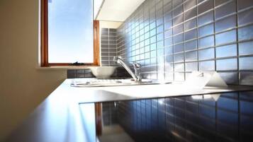 Full-size fridge, microwave, stovetop, dishwasher