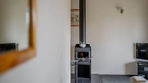Une pièce avec un poêle à bois, une télévision et un tableau encadré au mur.