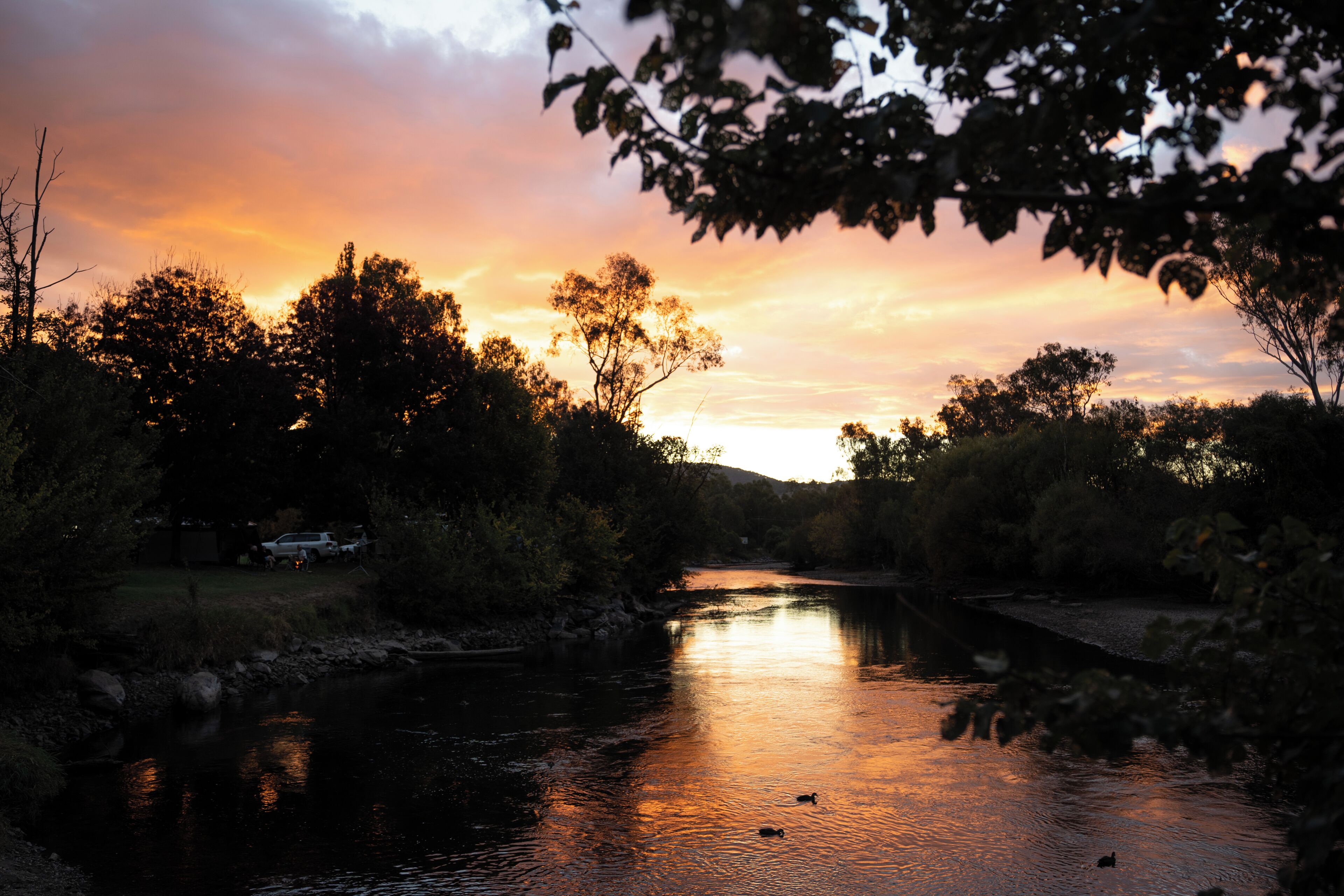 Une rivière au coucher du soleil, bordée d’arbres des deux côtés, et un pont visible au loin.