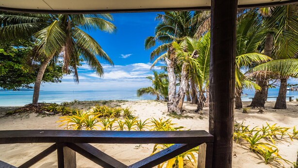 A beach view with palm trees and a wooden deck. - Ratu Kini Backpackers & Dive Resort (Mana Island)