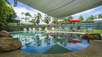 Outdoor pool, pool umbrellas, pool loungers