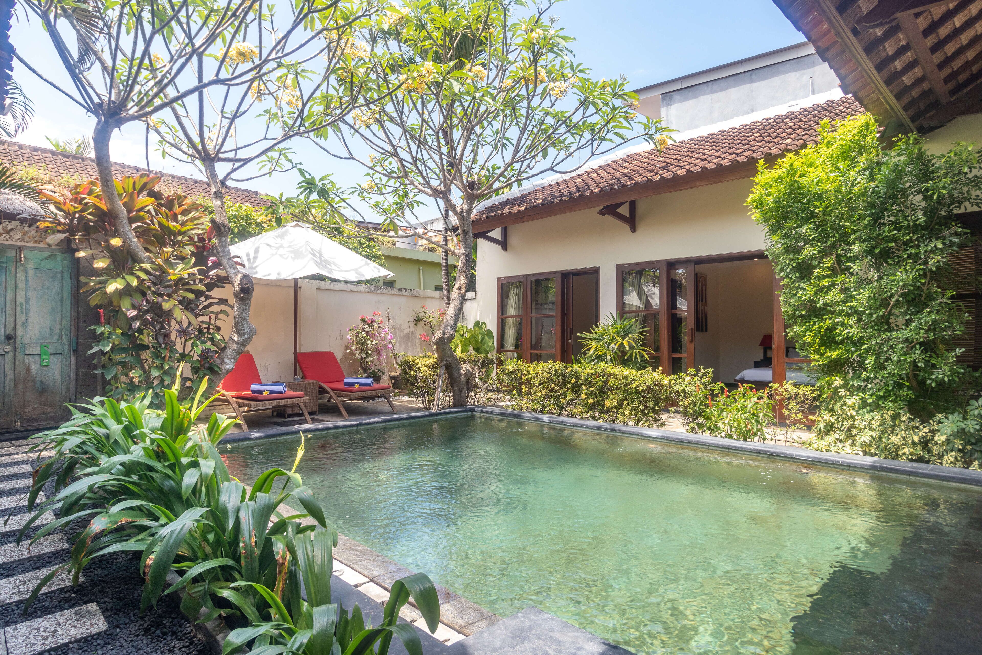 A clear swimming pool surrounded by greenery, a red lounge chair, and a wooden deck.