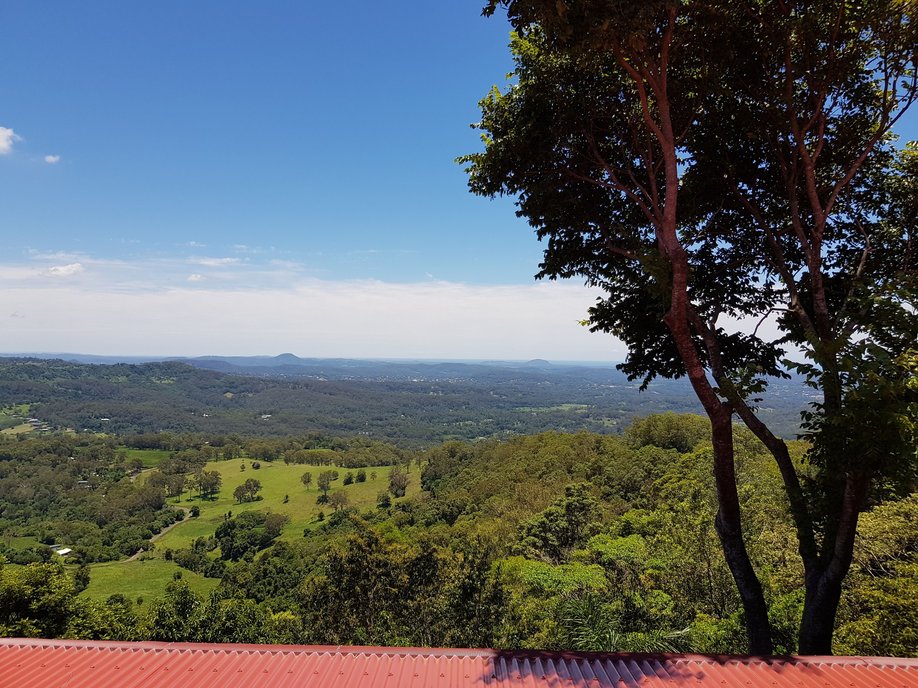 Une vue panoramique d’un paysage luxuriant, avec des collines ondoyantes, des forêts denses et des montagnes lointaines, le tout sous un ciel bleu dégagé.