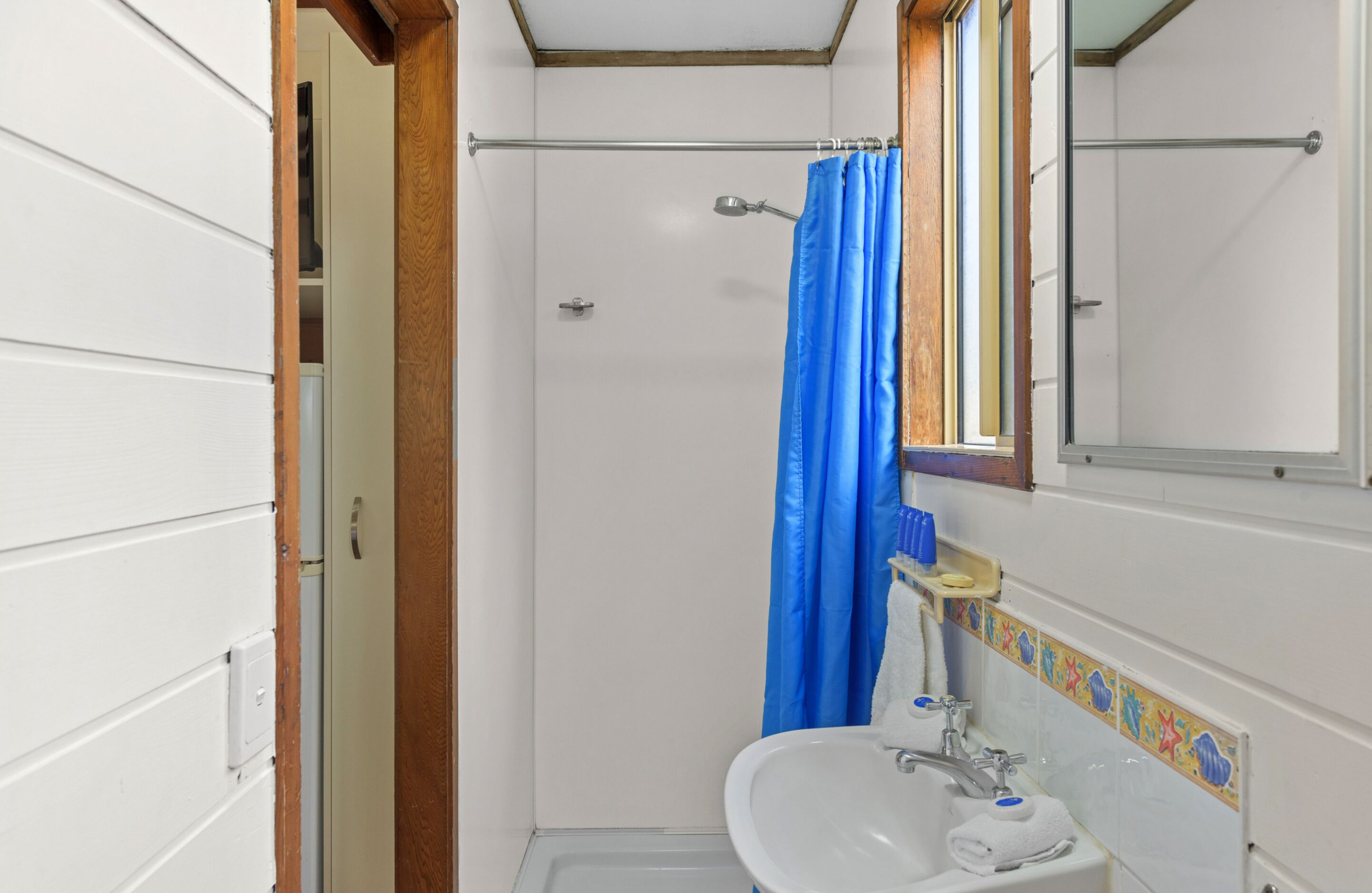 A small bathroom with a shower, a sink, and a mirror.