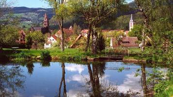 A serene village with traditional houses, a church, and a bridge over a calm river.