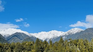 Une chaîne de montagnes aux sommets enneigés, avec une forêt en contrebas.