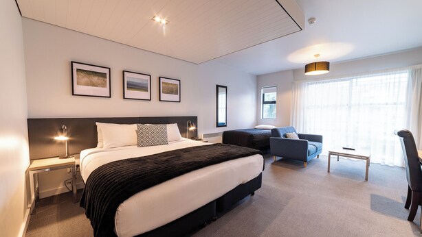 A modern hotel room with a large bed, a desk, a sofa, and a chair. - 315 Euro Motel & Serviced Apartments (Dunedin)