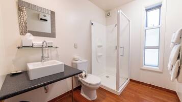 A modern bathroom with a glass-enclosed shower, a white sink, and a toilet.