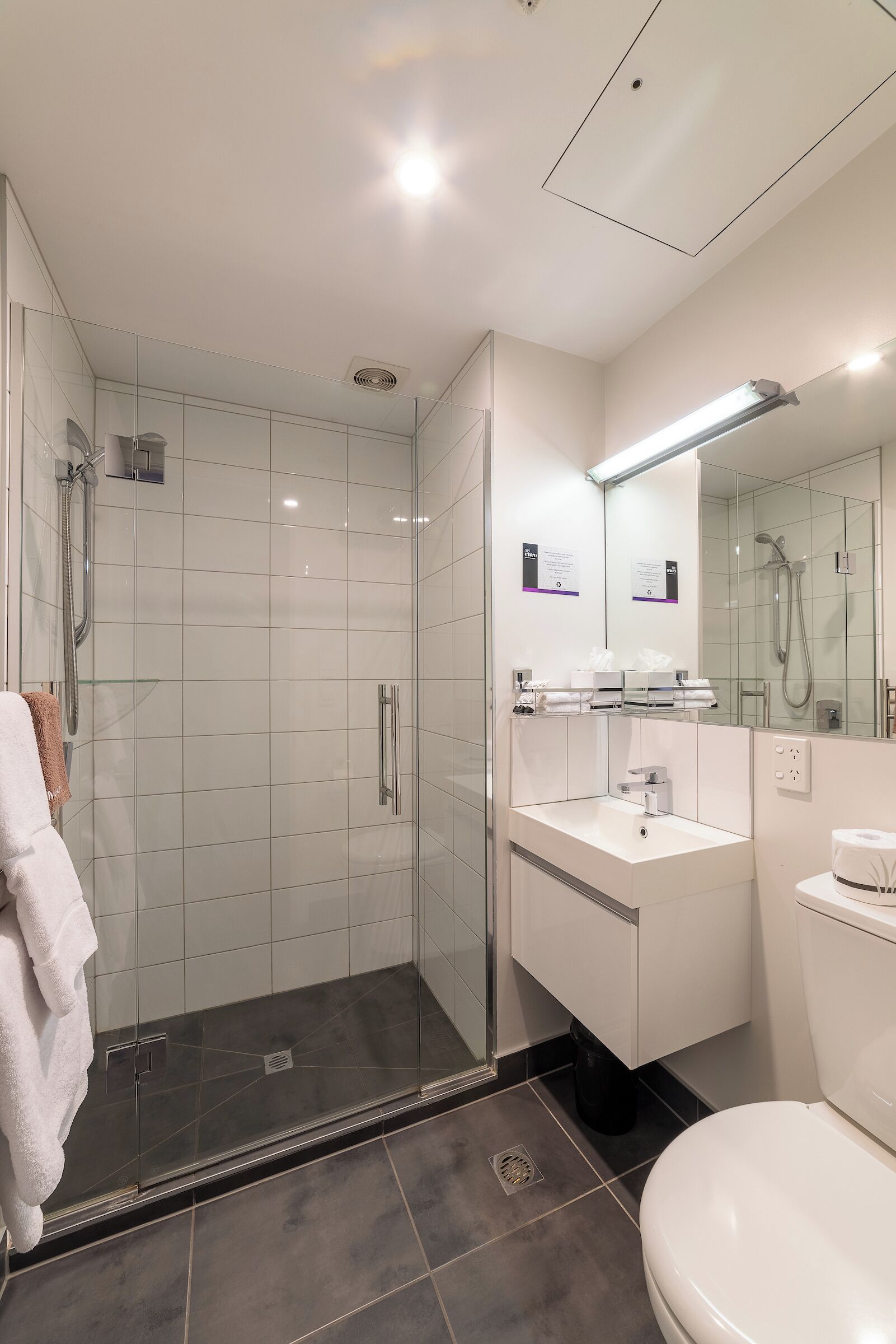 A modern bathroom with a glass-enclosed shower, a white sink, and a toilet.