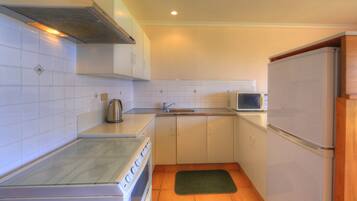 Full-sized fridge, microwave, oven, stovetop
