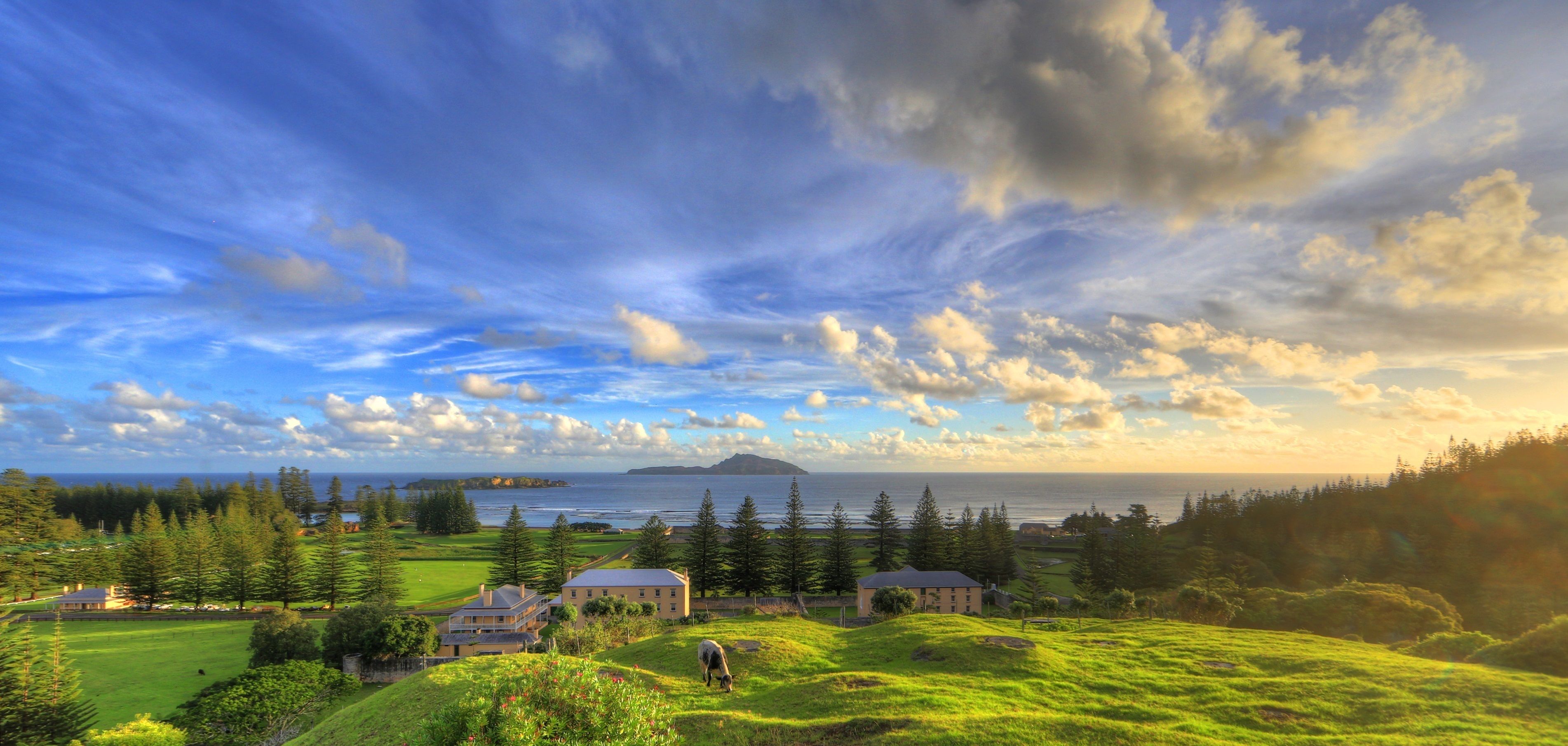 A coastal landscape with houses, a grassy hill, and a view of the sea.