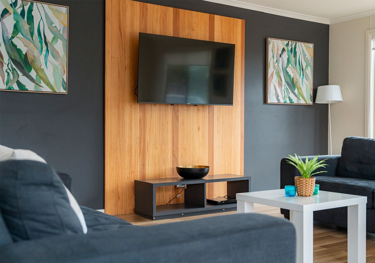 A modern living room with a flat-screen TV mounted on a wooden wall, a dark sofa, a white coffee table, and a small plant.