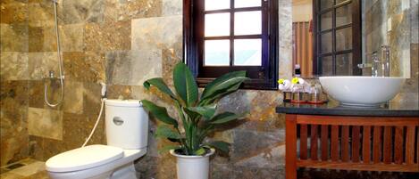A bathroom with a toilet, a shower, a sink, and a potted plant.