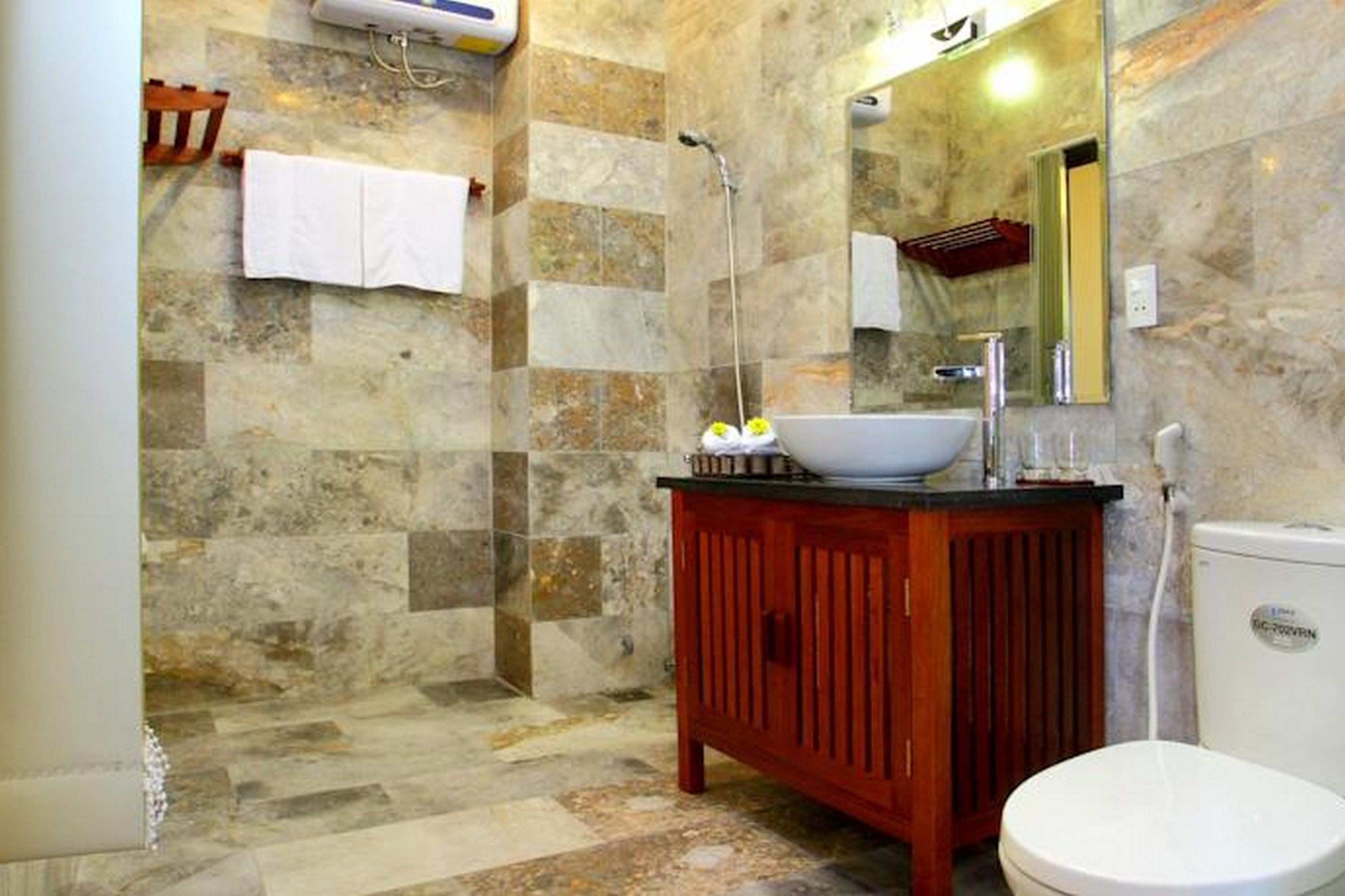 shower, slippers, bidet, towels