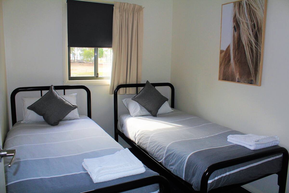 Two single beds with black frames, grey bedding, and white pillows.