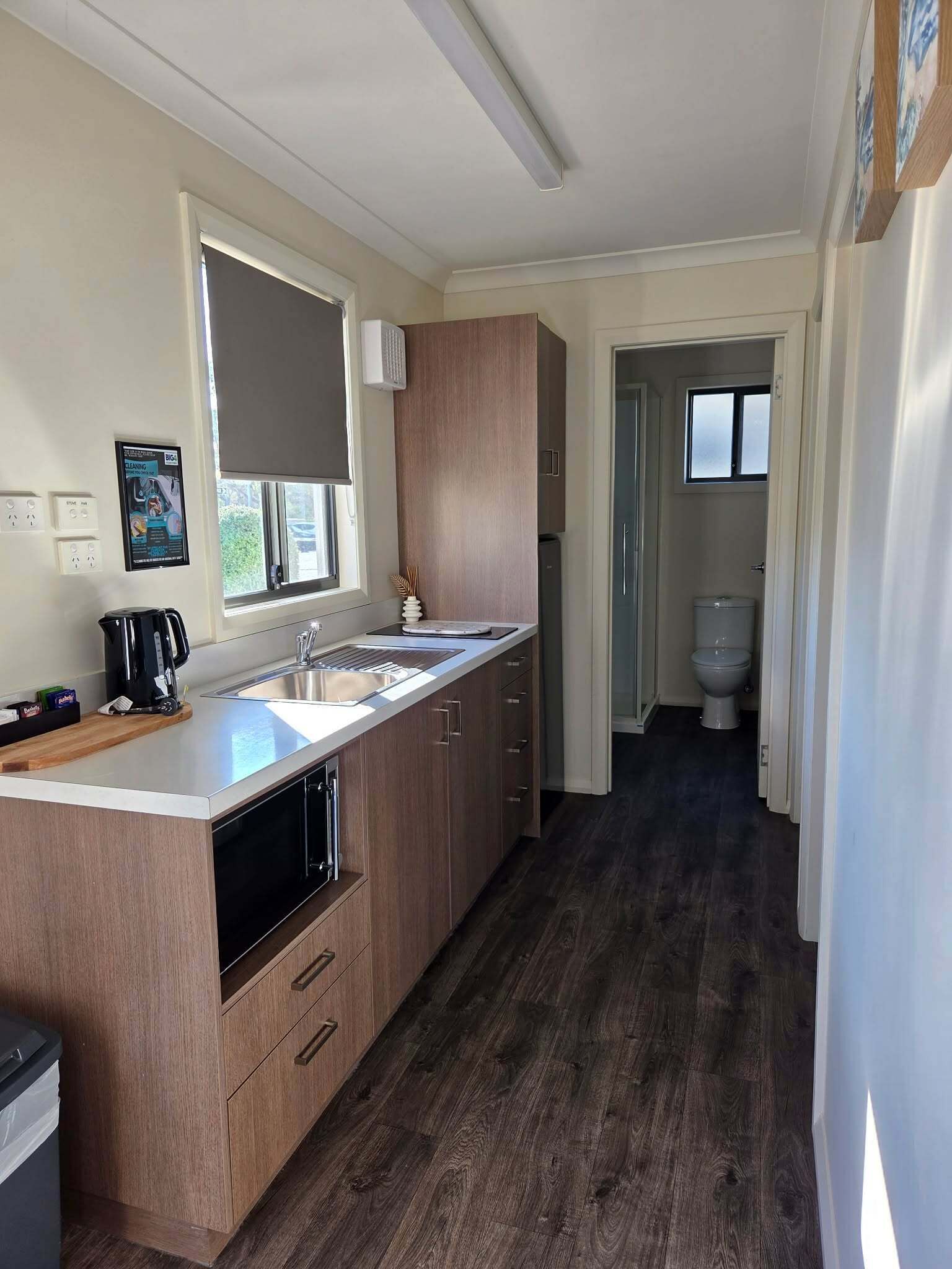Two Bedroom Cabin - Llanherne | Private kitchen | Full-size fridge, microwave, stovetop, electric kettle